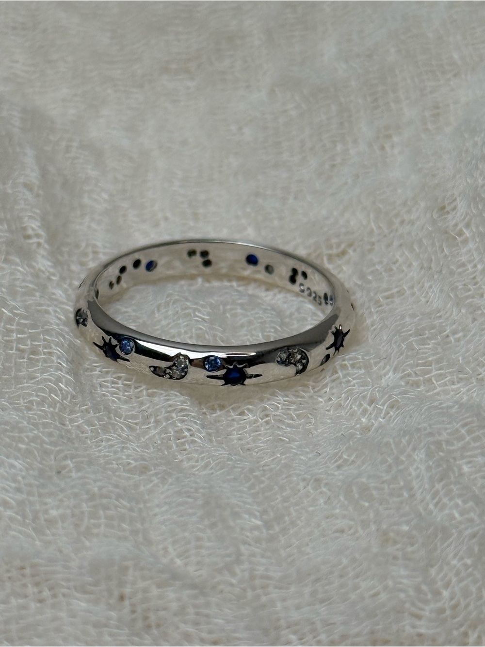 925 Sterling Silver Blue Star & Moon Band Ring, Size 7